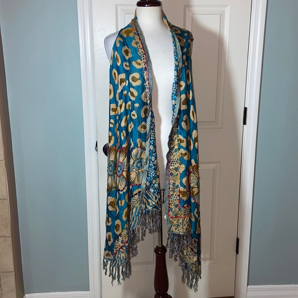 Beautiful Boho Embroidered Long Vest Purple Aqua Teal White Fringe